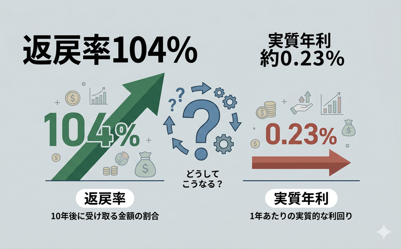 学資保険の返戻率と実質年利の差を示す概念図