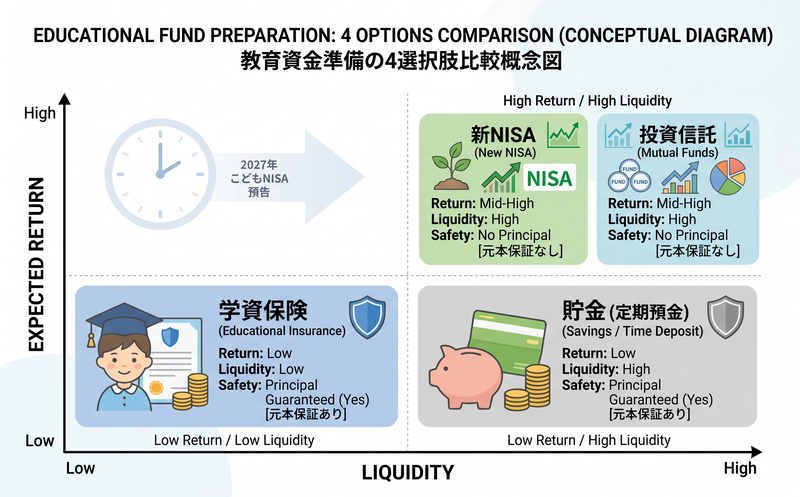 教育資金準備の4選択肢(学資保険・新NISA・投資信託・貯金)の特性比較概念図