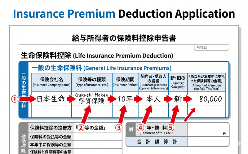 年末調整用紙「給与所得者の保険料控除申告書」の記入箇所を示す図解