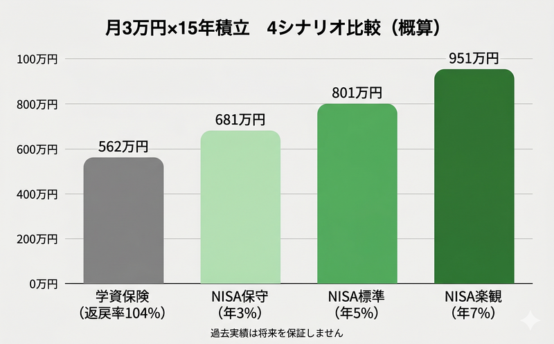 月3万円×15年積立の運用シナリオ比較棒グラフ