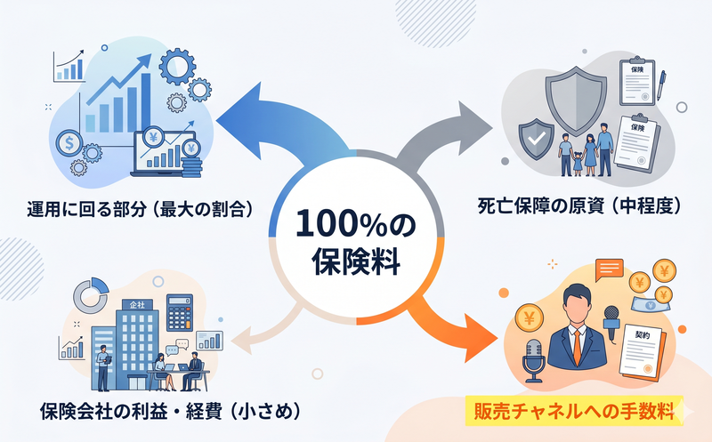 学資保険の保険料が運用・保障・販売手数料・保険会社利益に分かれる構造図