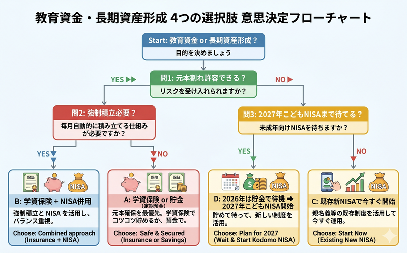 学資保険・新NISA・こどもNISA・投資信託の選び方を示す意思決定フローチャート