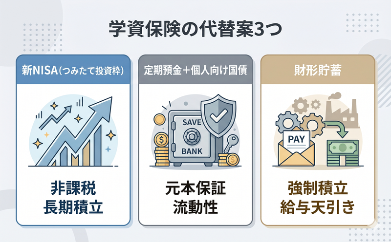 学資保険の代替案3つ(新NISA・定期預金+国債・財形貯蓄)の比較イメージ図
