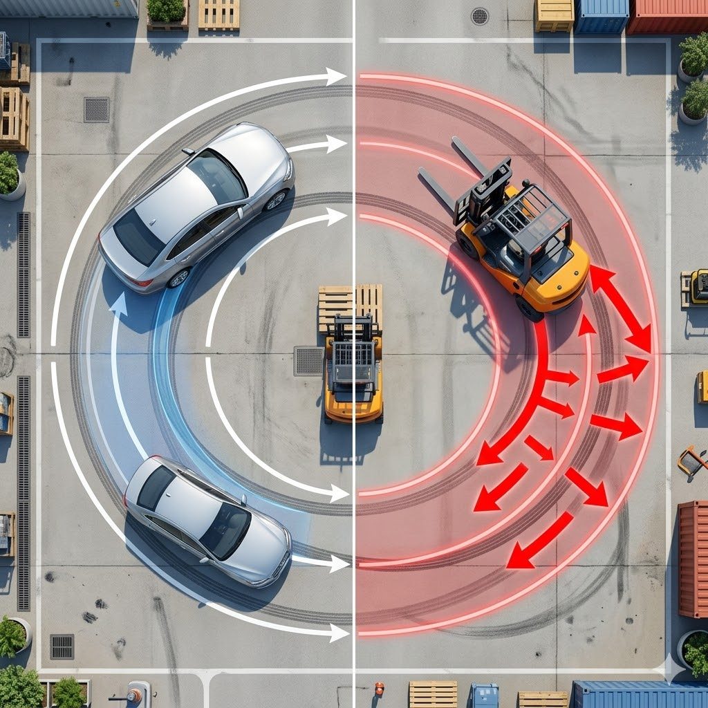 フォークリフトの後輪操舵が普通自動車と違って後ろが外側に振れる挙動のイメージ