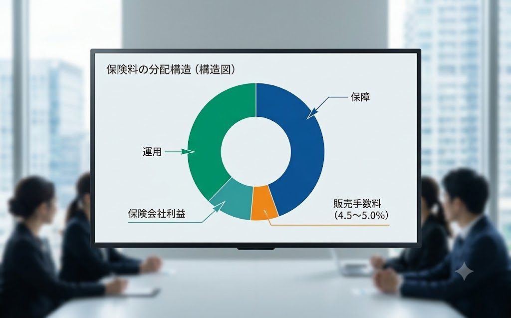 学資保険の販売手数料の構造を表すイメージ。契約者が支払う保険料から販売手数料が捻出される仕組み