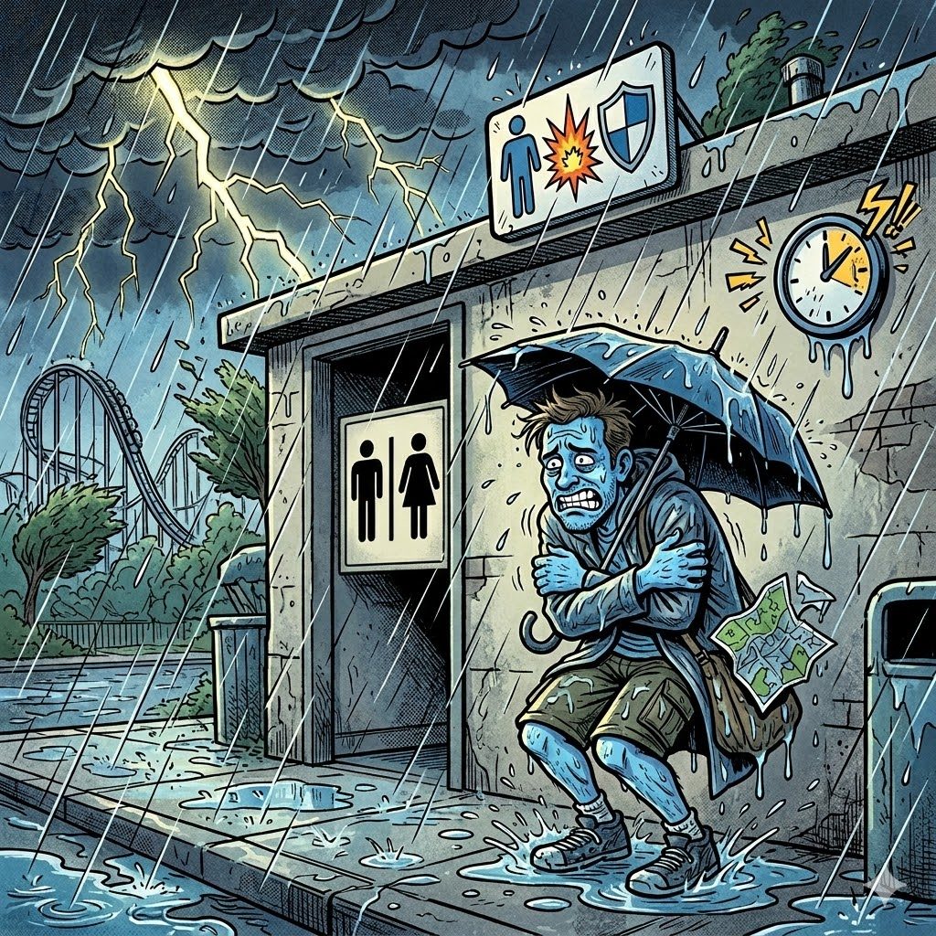 ジャングリア沖縄開園2日目の雷雨でアトラクション全停止しトイレ前で待機する悪夢のイメージ