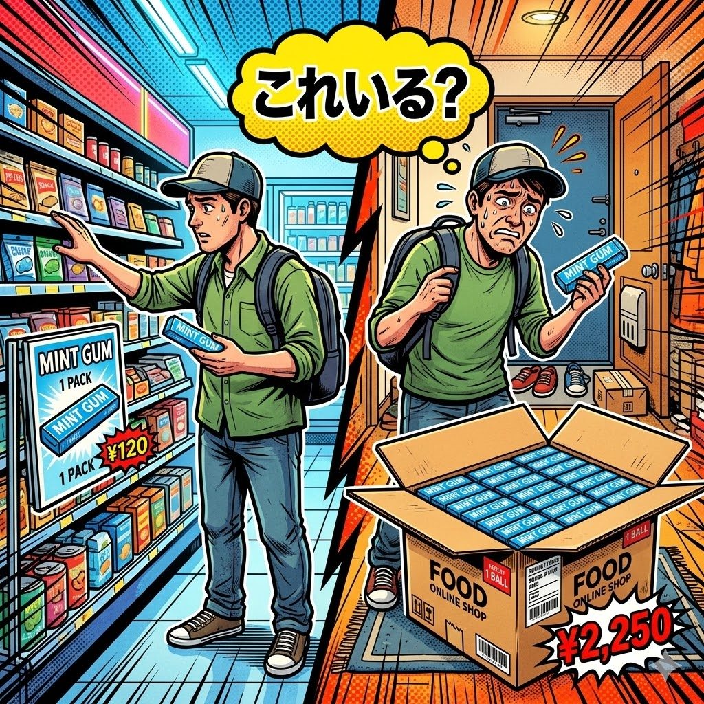 食品ECのロット単位問題:コンビニのバラ売りガム1個150円とECの1ボール20個2250円の購入単位ミスマッチ