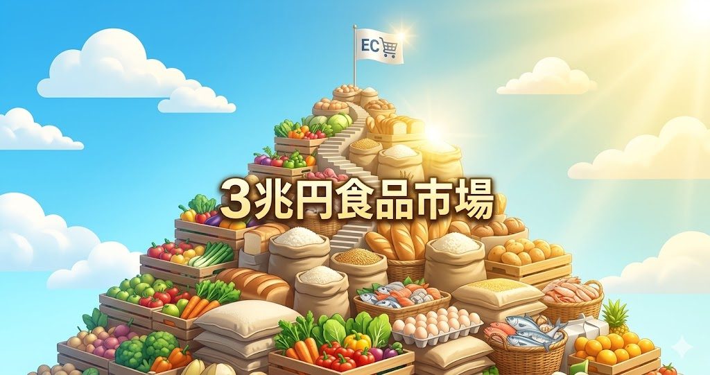 業界別EC化率の約12倍差:書籍56%・家電43%に対し食品4.52%という食品EC特有の低さを表すイメージ